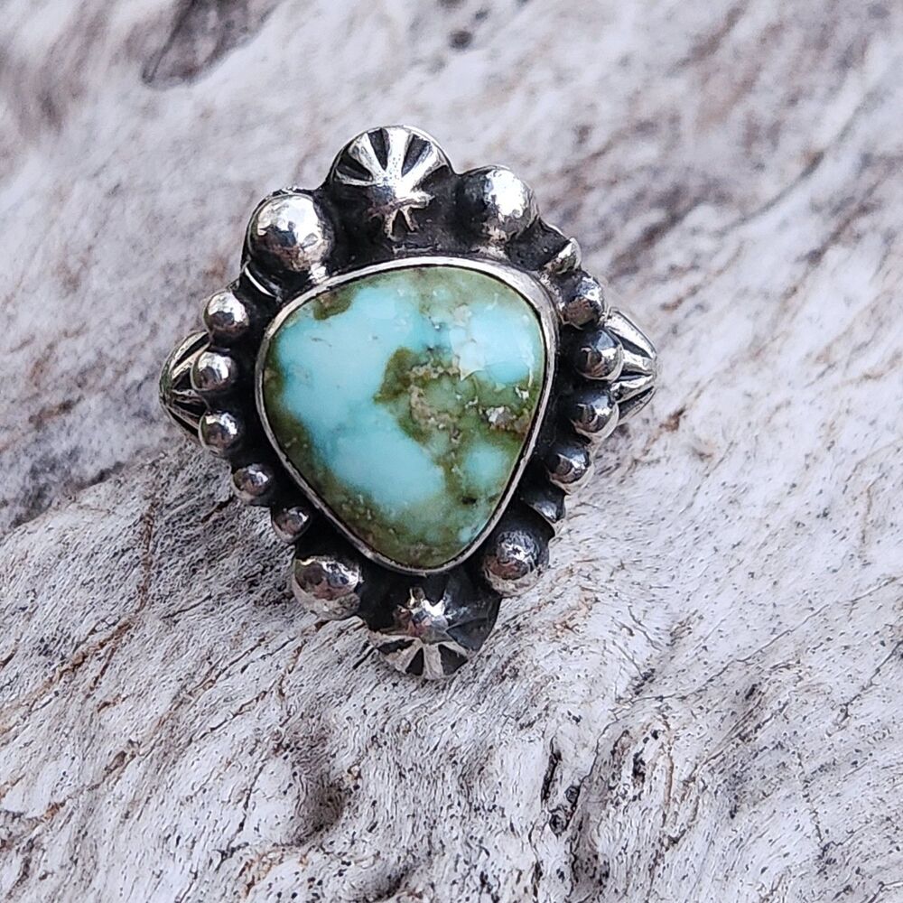 Sonoran Gold Turquoise Navajo handmade Sterling Starshot ring size 5.5